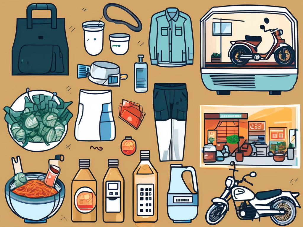 A collection of eight different items symbolizing monthly living costs in vietnam