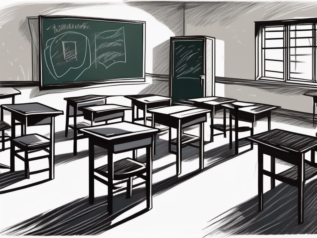 A dimly lit classroom with a few empty desks