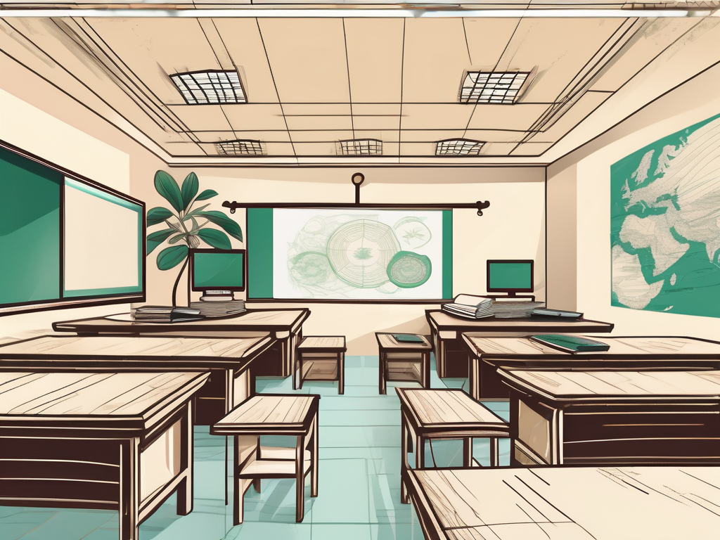 A classroom setting with modern educational tools such as computers and books