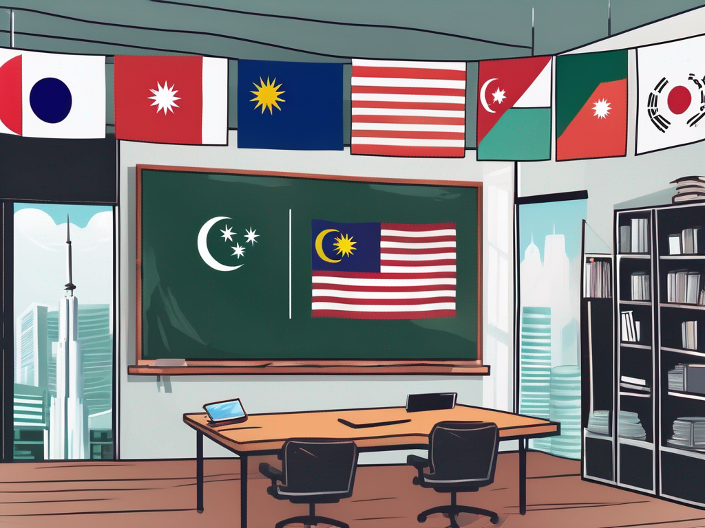 A classroom setting with a chalkboard displaying various international flags