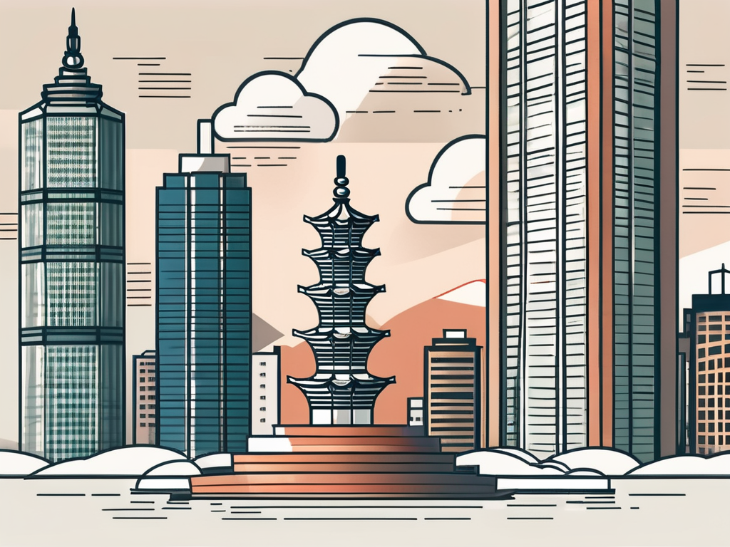 A scale balancing coins and an iconic taiwan landmark such as taipei 101