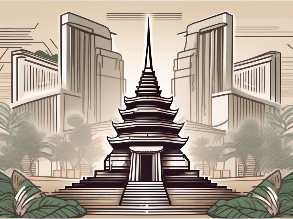 A stack of thai baht currency with iconic thai elements such as a temple or tuk-tuk in the background