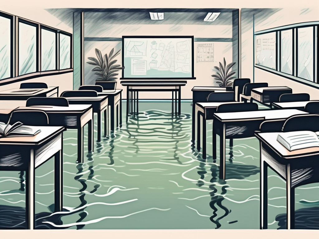 A classroom setting with empty desks and chairs