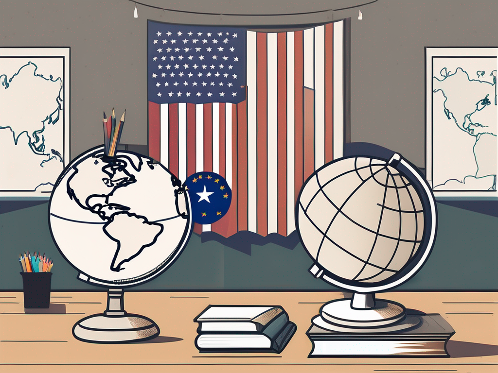 A classroom setting with american and malaysian flags