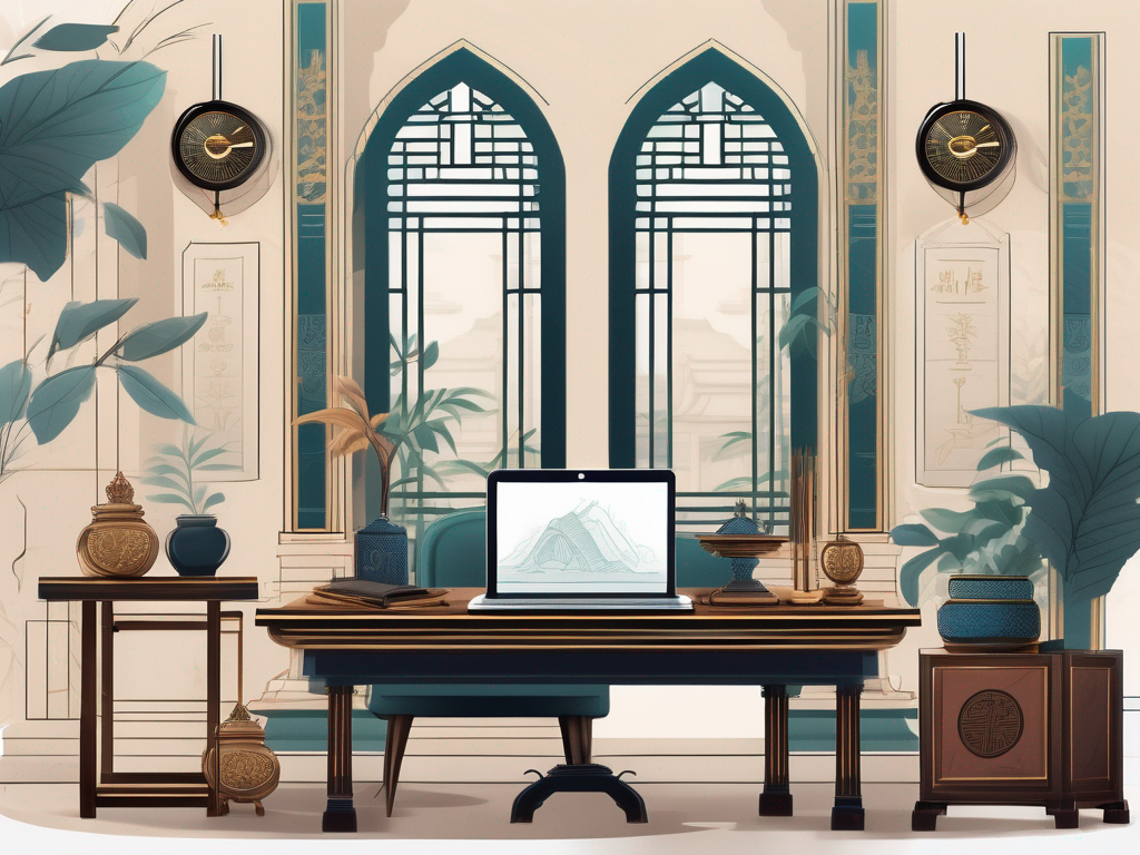 A classroom setting with a teacher's desk showcasing various symbols of wealth such as a fancy pen