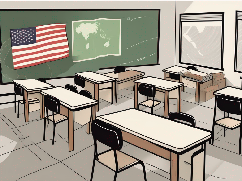 A classroom setting with american and vietnamese flags