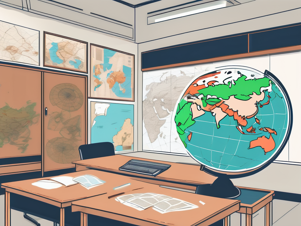 A classroom setting with a globe on the desk