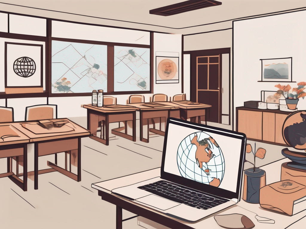 A classroom with a globe on the desk