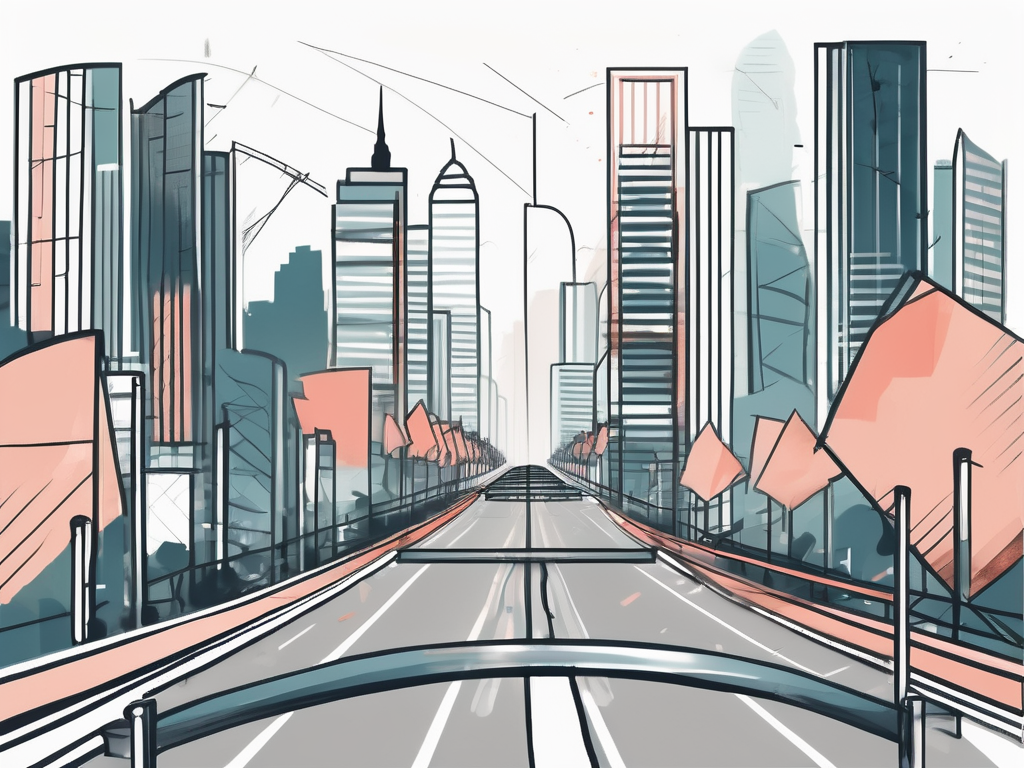 Bangkok's cityscape with symbolic elements such as a broken balance scale and a road with hurdles to represent gender equality barriers