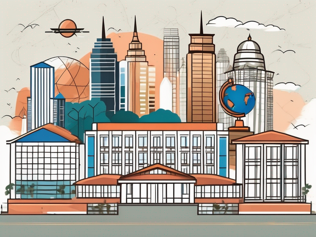 A variety of international school buildings with a backdrop of famous malaysian landmarks