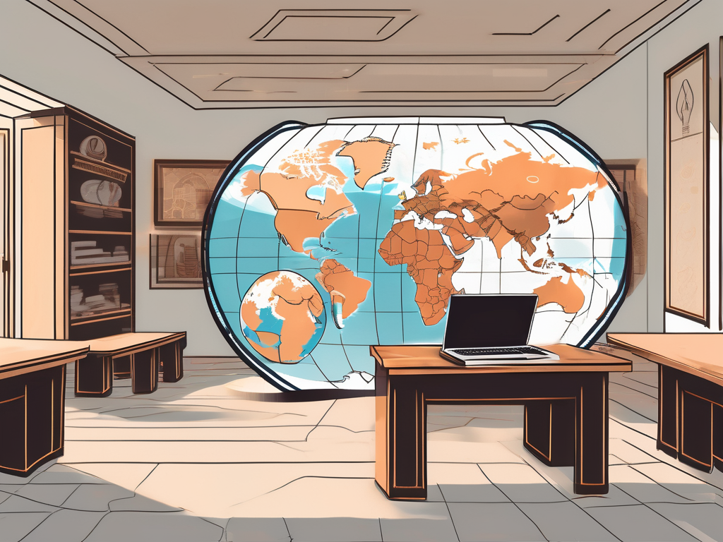 A classroom with a globe on the desk