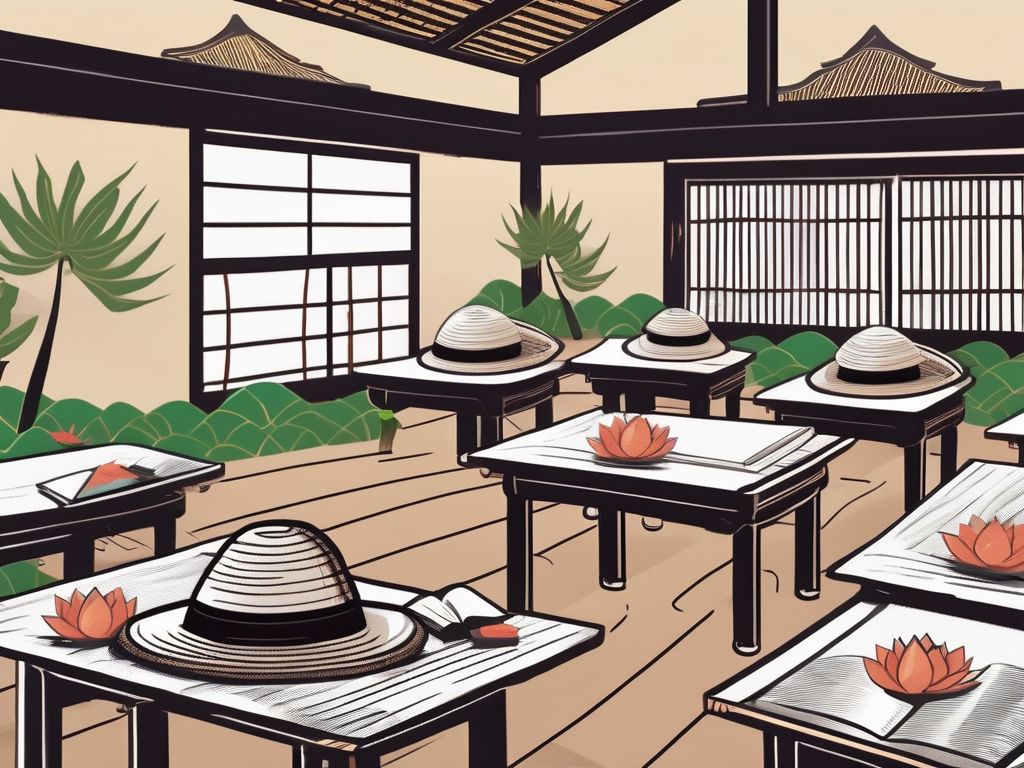 A traditional vietnamese classroom setting with a chalkboard