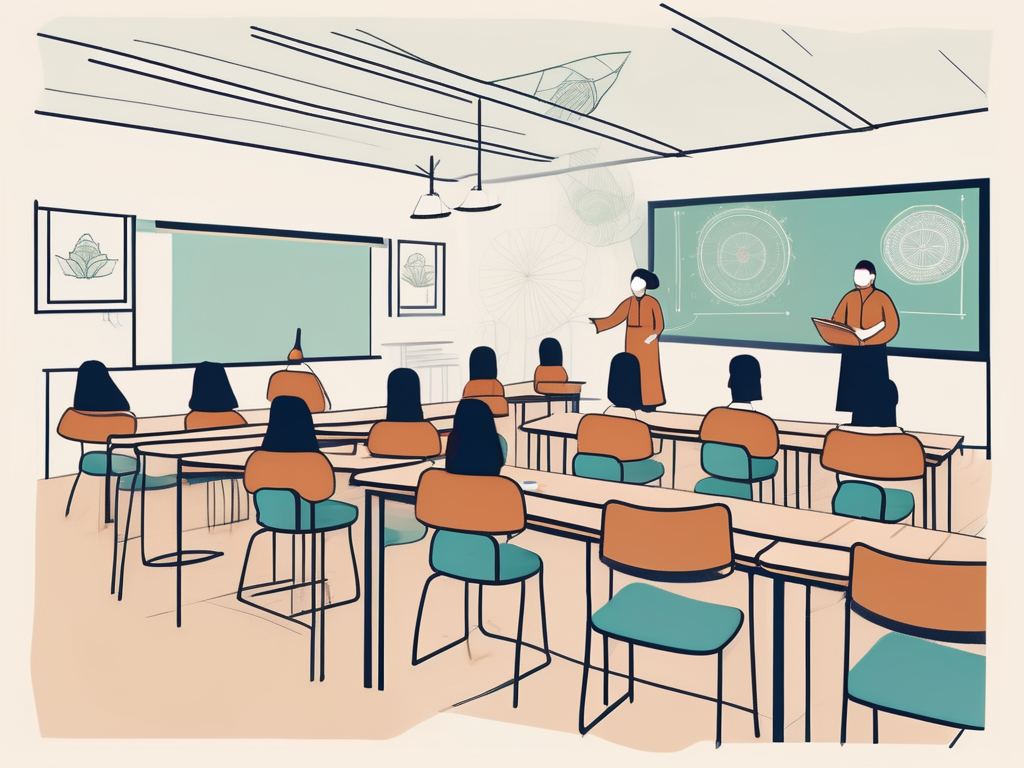 A classroom setting with diverse cultural elements and digital teaching tools