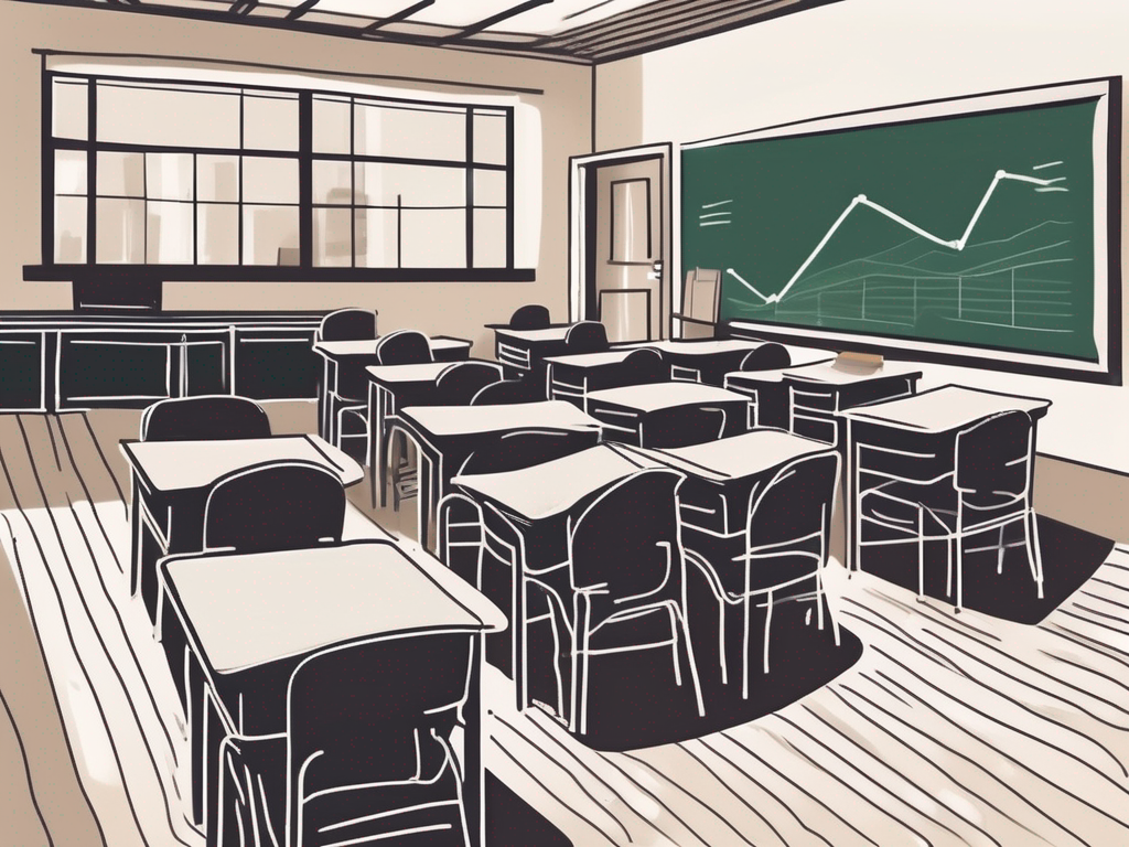 A classroom setting with empty chairs and desks