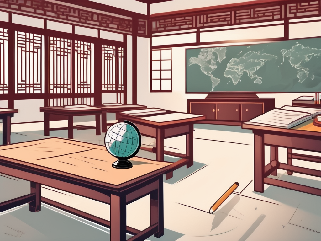 A classroom setting with traditional chinese architecture in the background