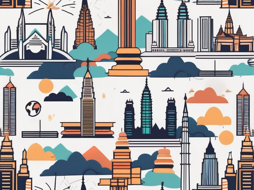A diverse array of iconic malaysian landmarks like the petronas twin towers