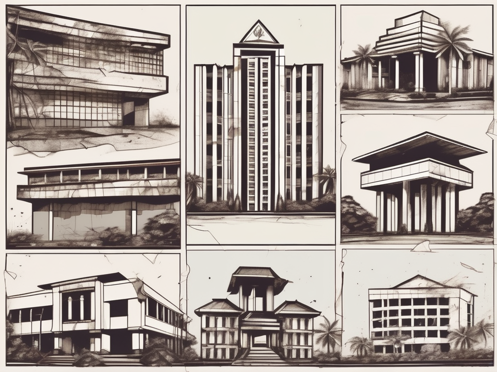 A few iconic bangkok university buildings with visible signs of disrepair and neglect