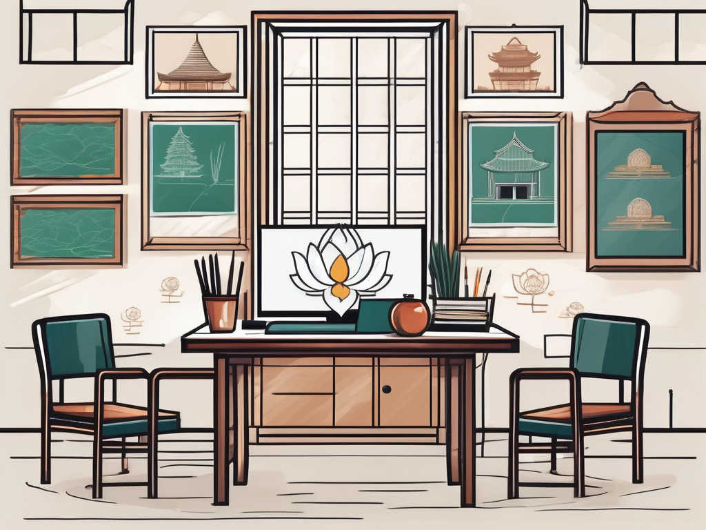 A classroom setting with various educational tools and an empty teacher's desk