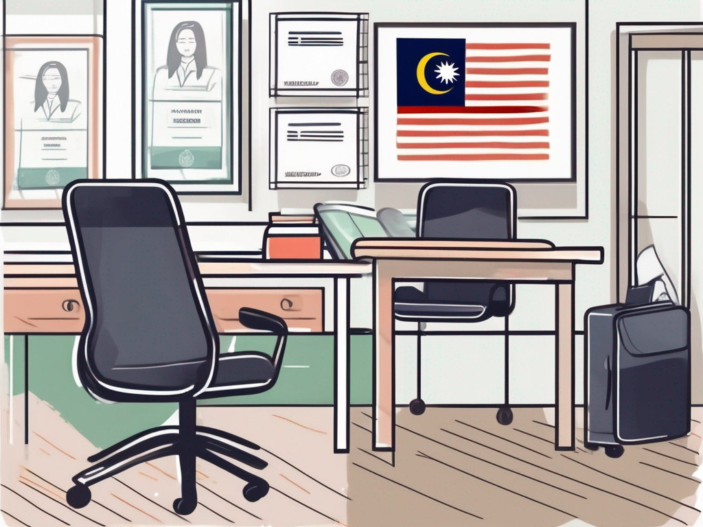 A classroom with a malaysian flag