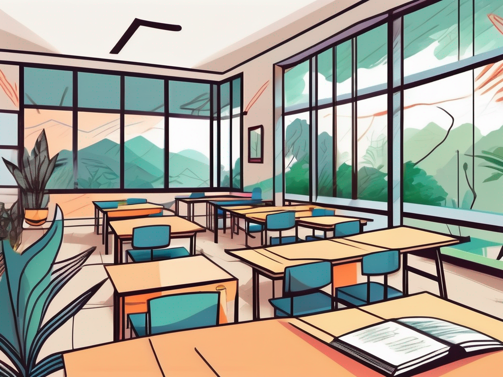 A vibrant malaysian classroom setting with diverse educational materials and exotic local scenery visible through the window