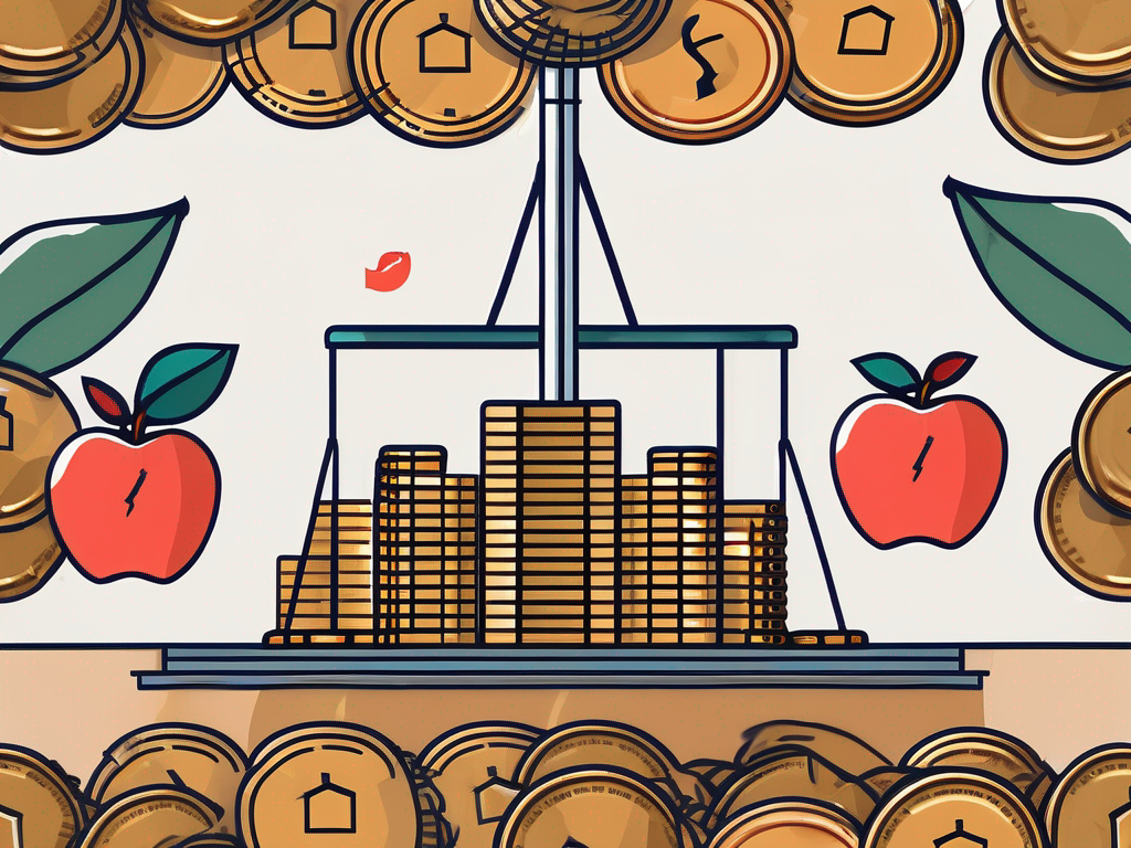 An international school building in malaysia with a scale balancing a stack of coins and an apple