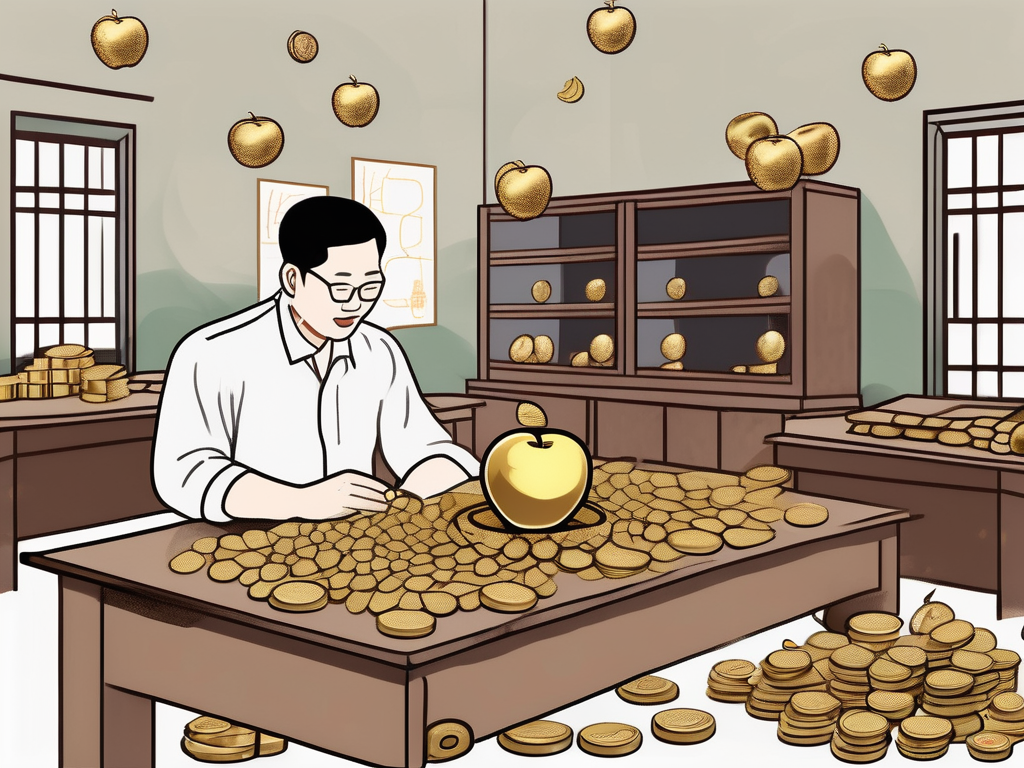 A traditional vietnamese classroom with a teacher's desk filled with various symbols of wealth like a golden apple