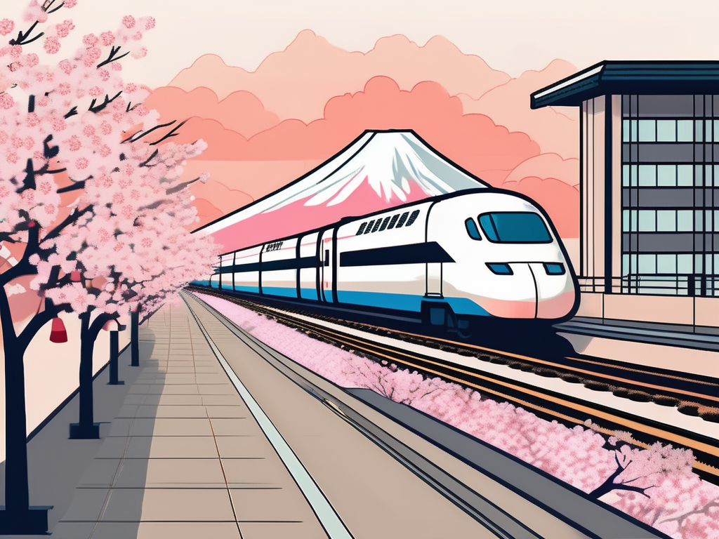 A japanese cityscape with various iconic elements like a shinkansen train