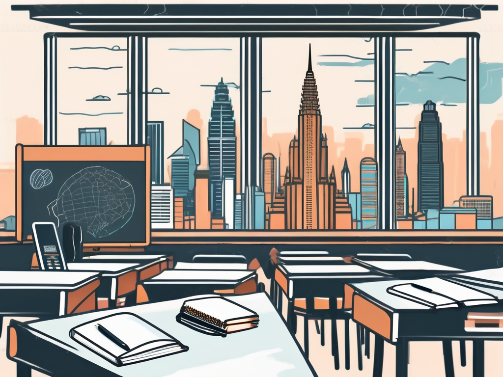 A classroom setting with diverse educational tools like textbooks