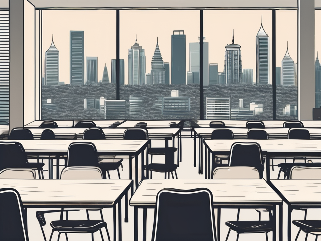 A classroom setting with empty desks and chairs