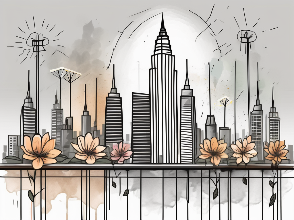 A typical bangkok cityscape with symbolic elements such as a broken pencil