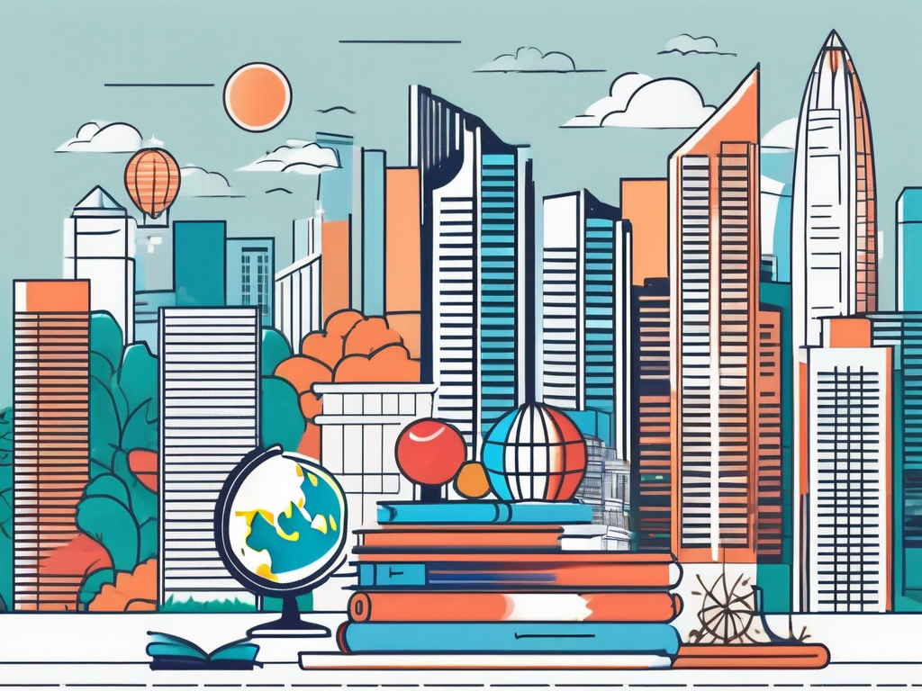 A vibrant singapore skyline with various educational icons like books