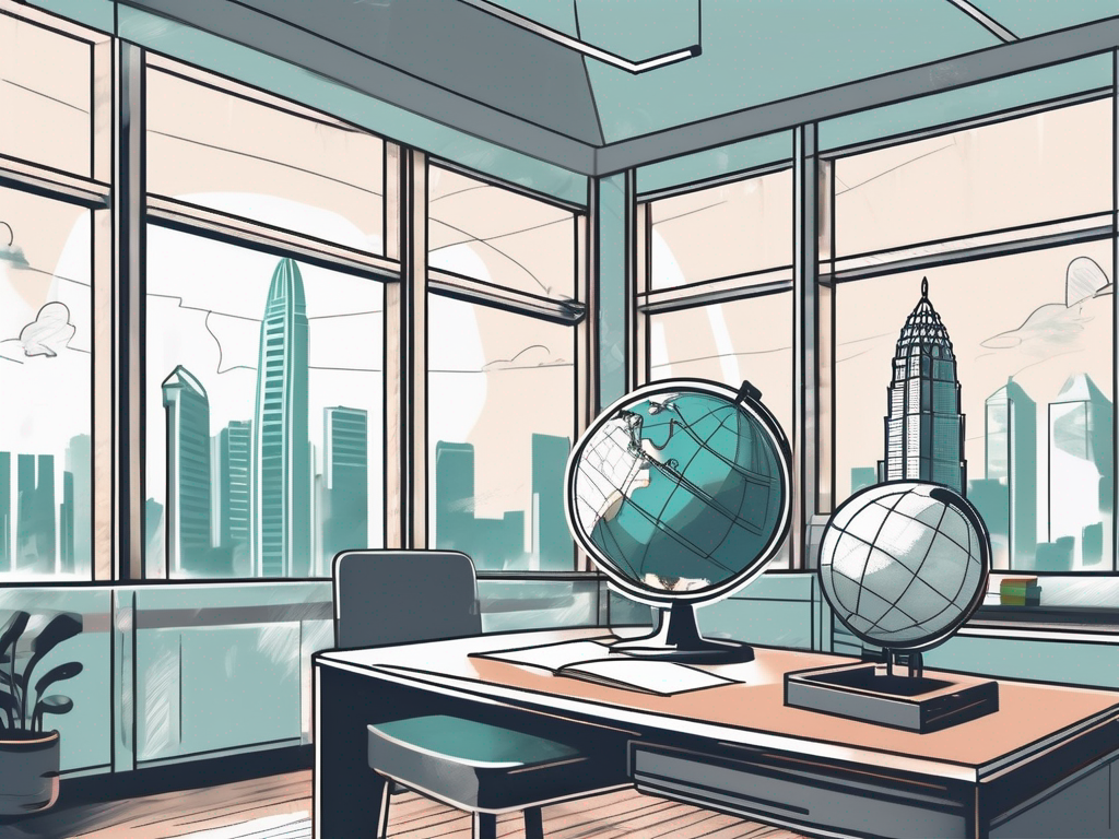 A modern classroom setting with iconic singapore landmarks visible through the window