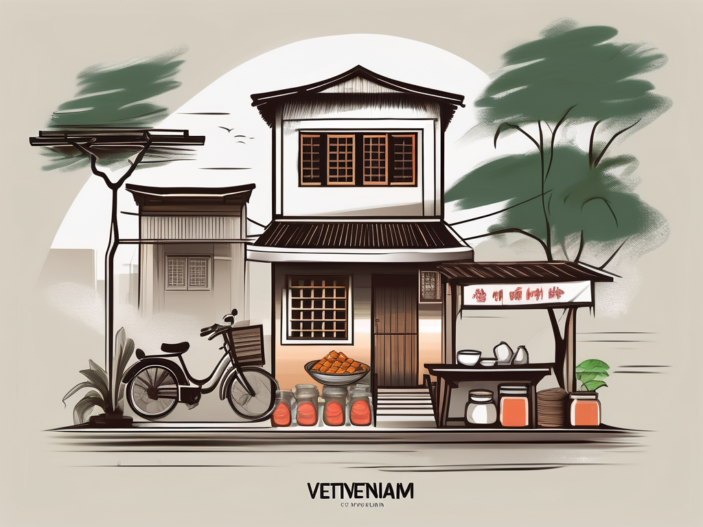 A variety of vietnamese lifestyle elements such as traditional houses