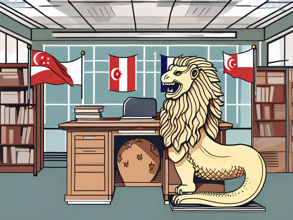 A typical singaporean public school building with international flags fluttering in the wind