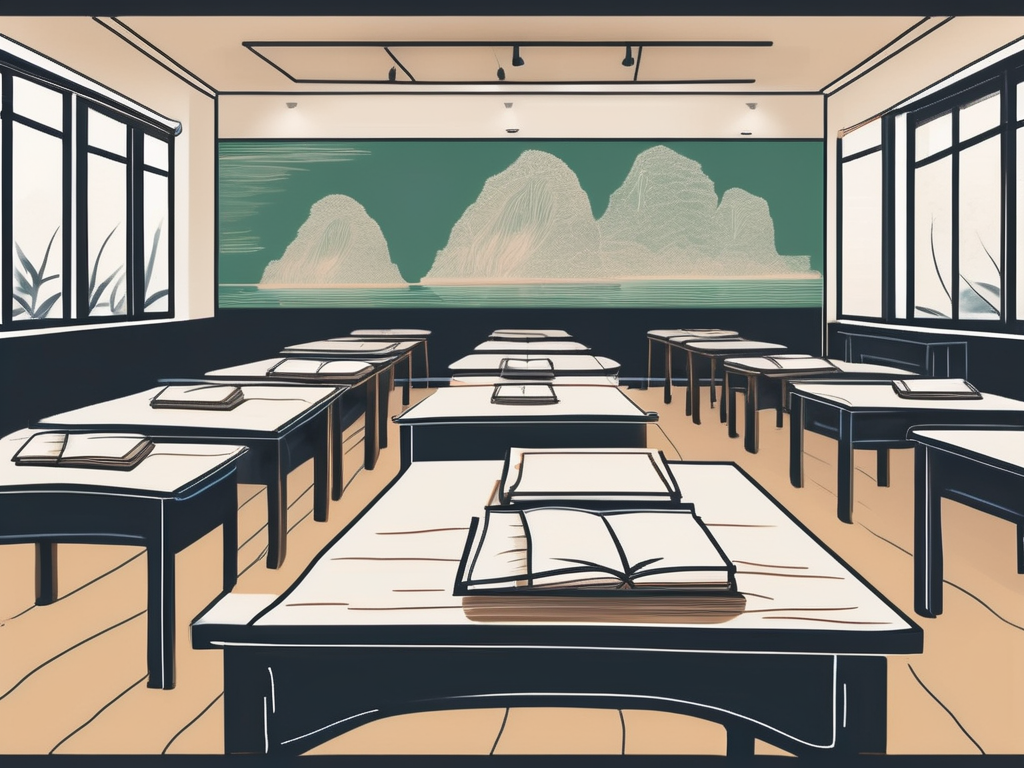 A classroom setting with a chalkboard