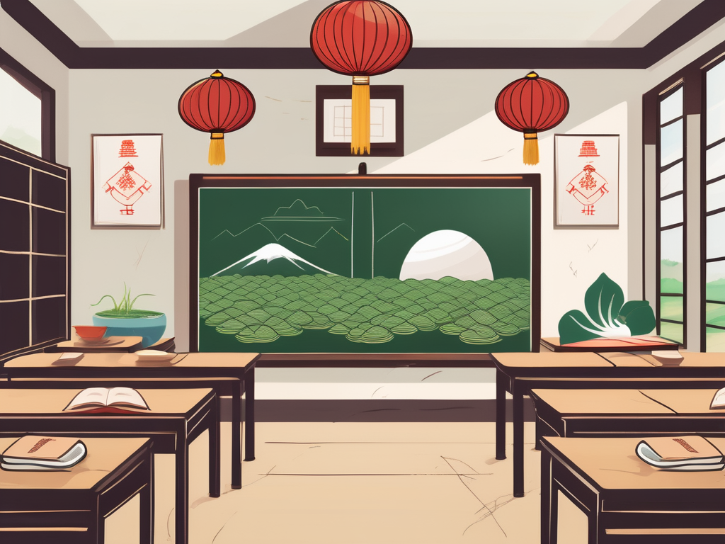 A classroom with a chalkboard displaying iconic vietnamese symbols like the lotus flower