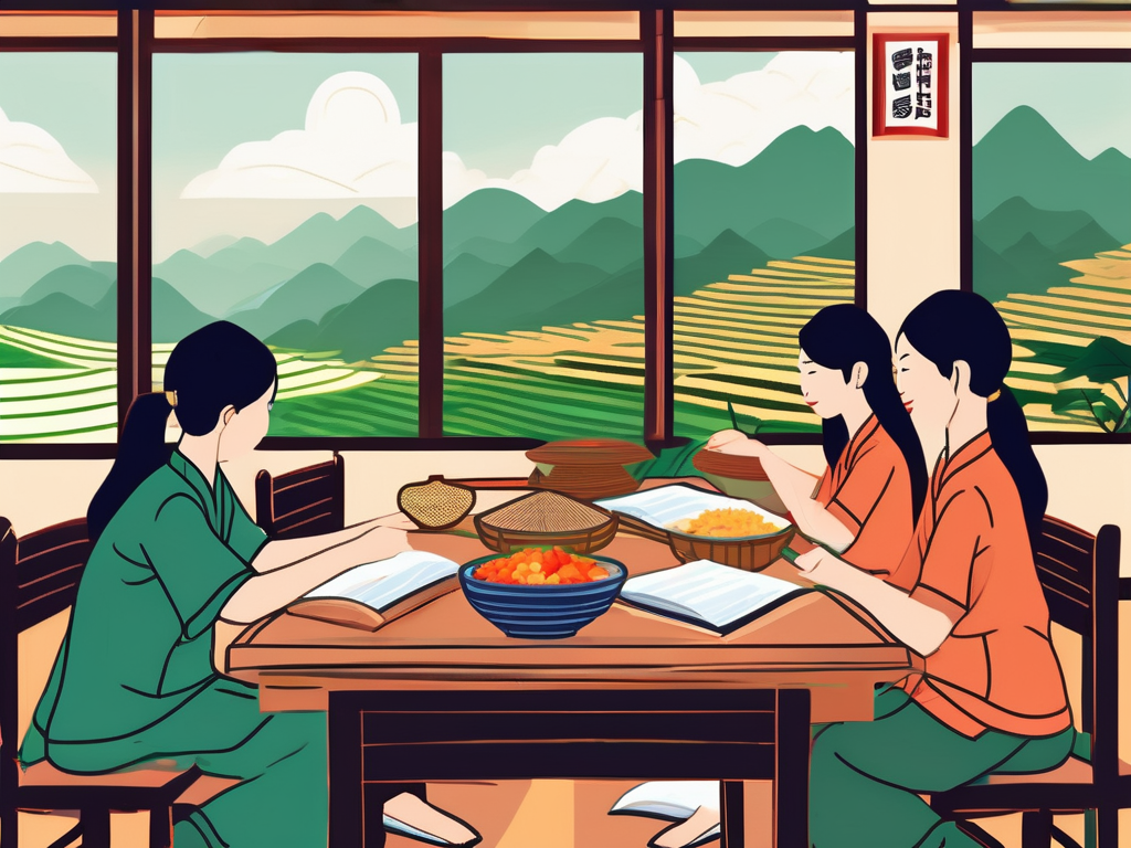 A vibrant vietnamese classroom setting with traditional elements