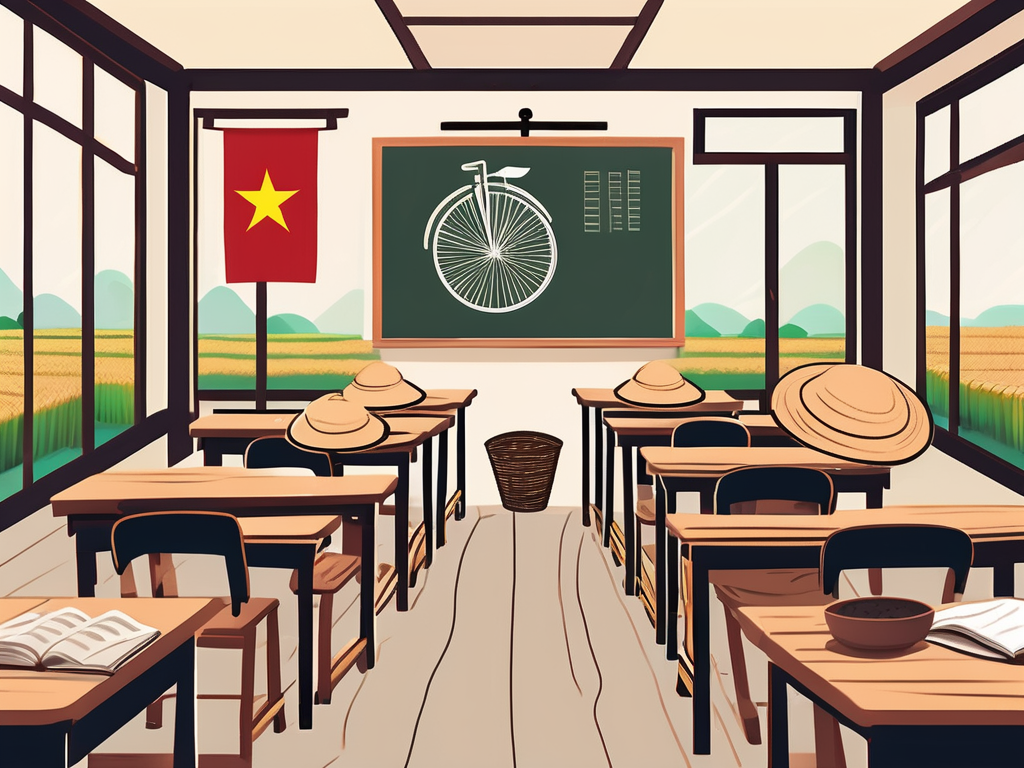 A typical vietnamese classroom setting with a chalkboard