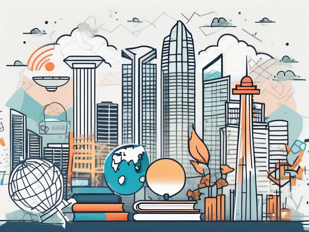 A singapore skyline with various educational symbols like books