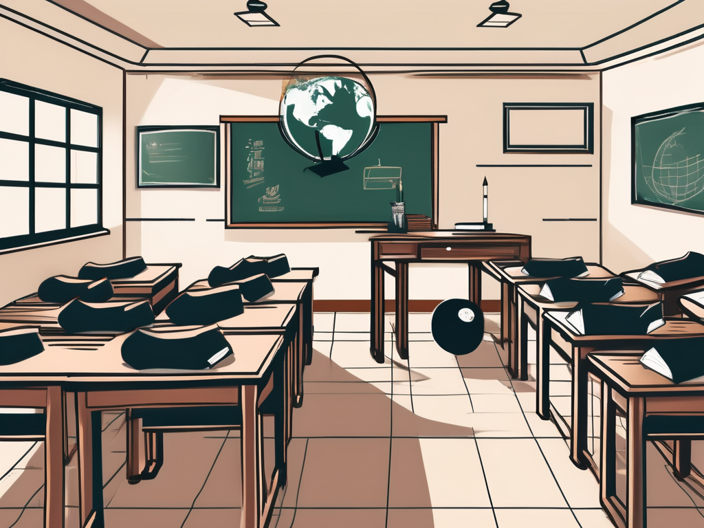 A traditional vietnamese classroom setting with a chalkboard