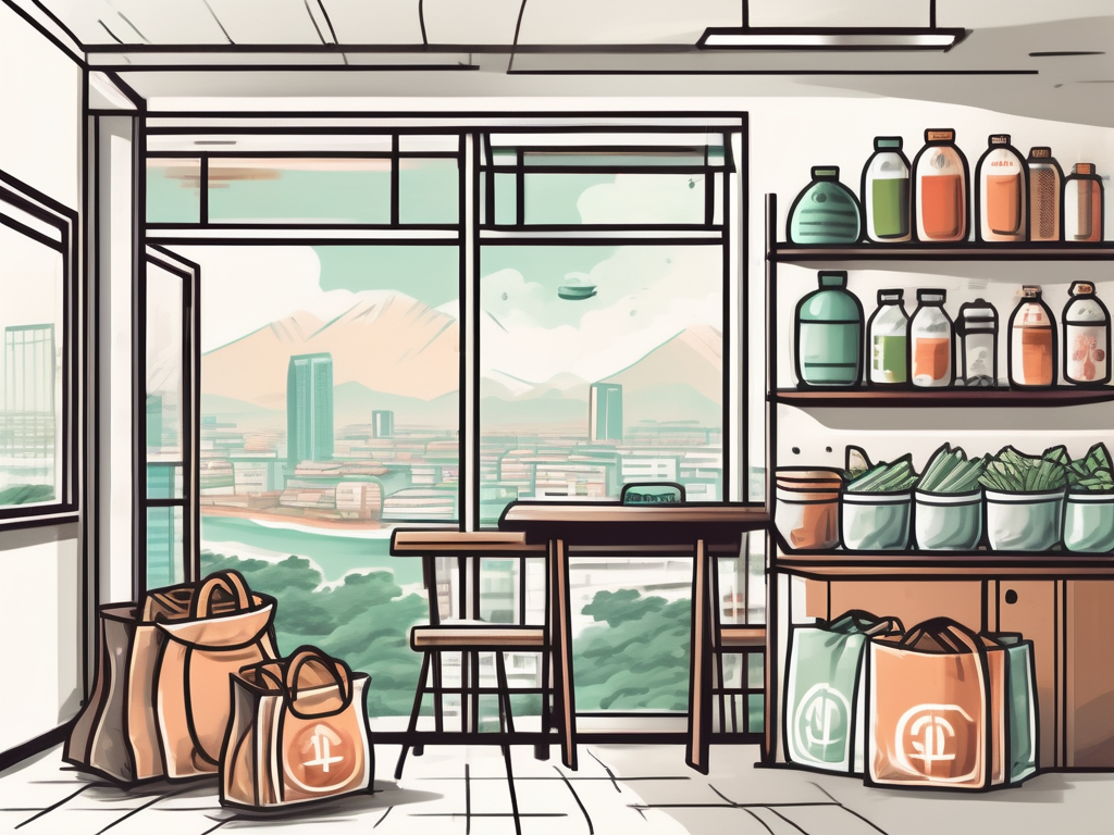 A classroom setting with various educational tools and a window view of vietnamese landmarks