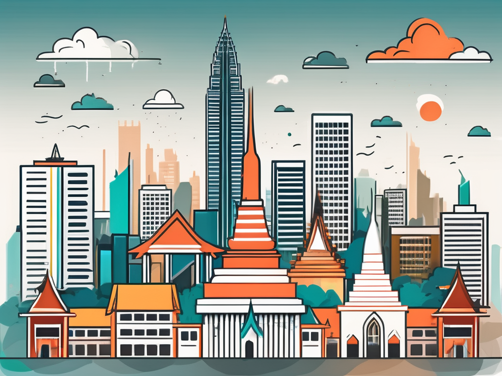 A vibrant bangkok skyline with various school buildings and educational symbols like books