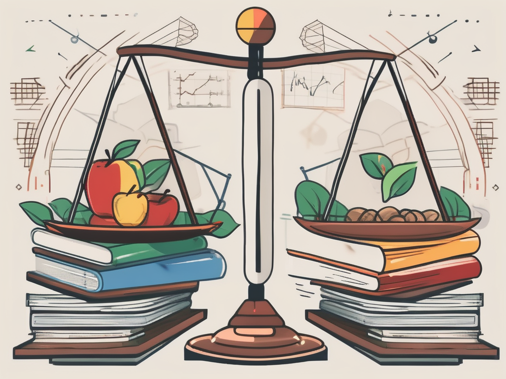 A balanced scale with symbols of teaching tools and cultural elements of vietnam on each side