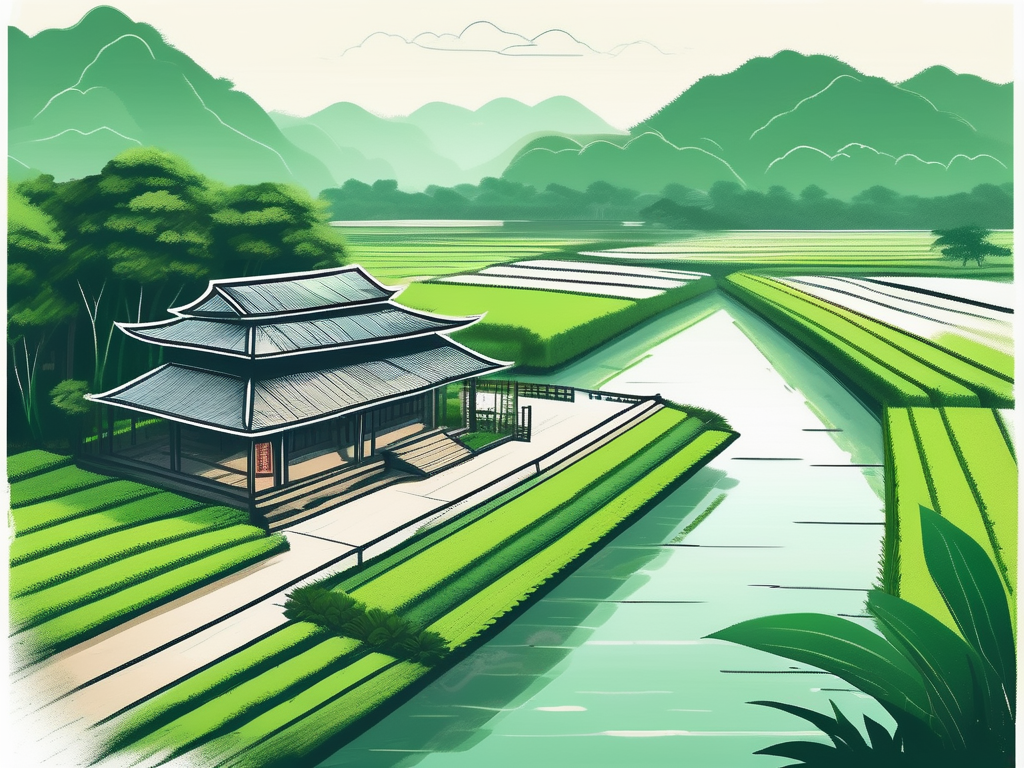 A serene vietnamese landscape featuring a traditional school building