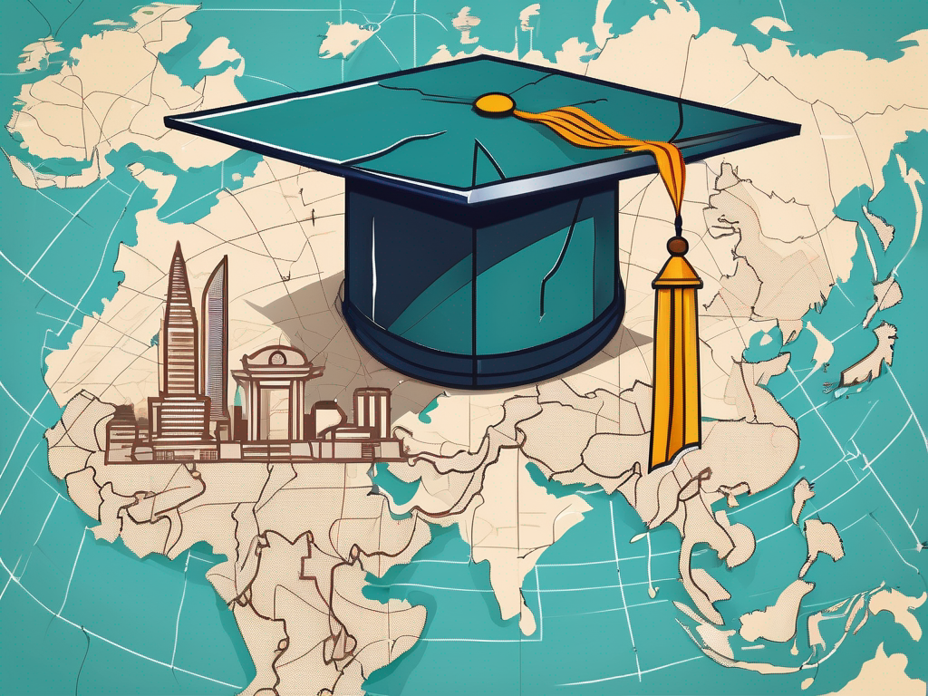 A graduation cap on top of a map of vietnam