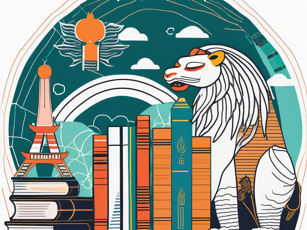 Various symbolic elements representing different cultures (like a chinese lantern