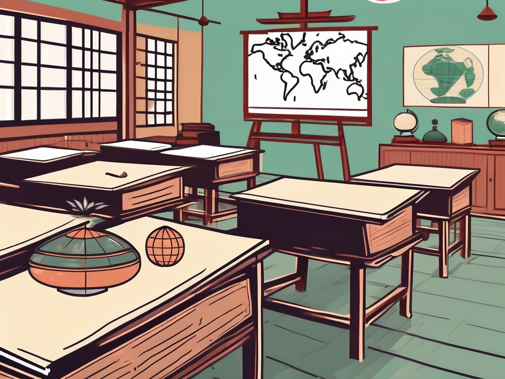 A classroom setting in vietnam with various teaching tools like a globe