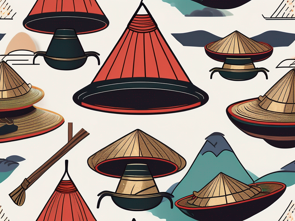 A graduation cap sitting atop a traditional vietnamese conical hat