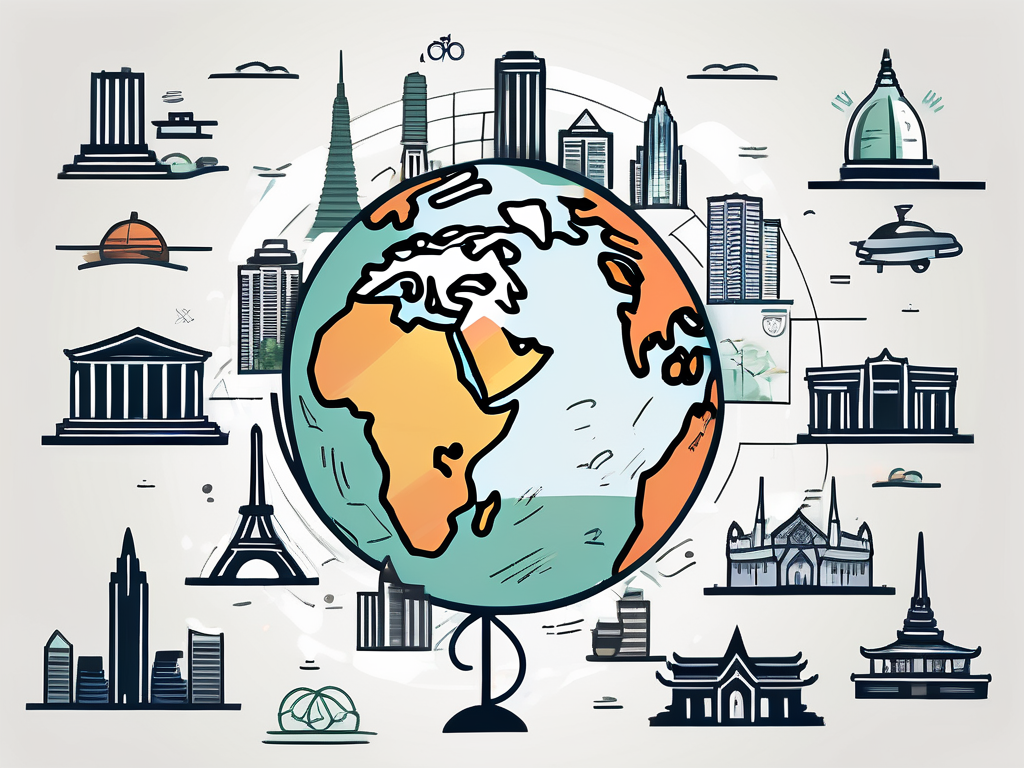 A globe with various international cities highlighted