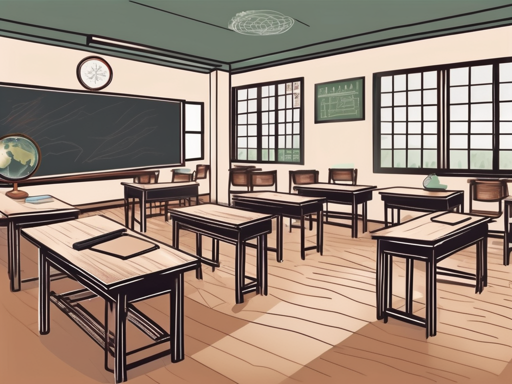 A classroom setting in vietnam with a chalkboard